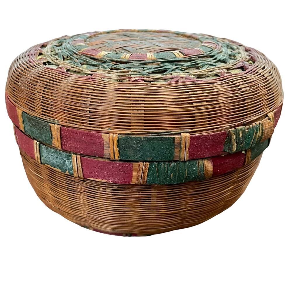 Wicker Sewing Basket Woven Split Bamboo Chinese? Hand Painted Vtg Antique